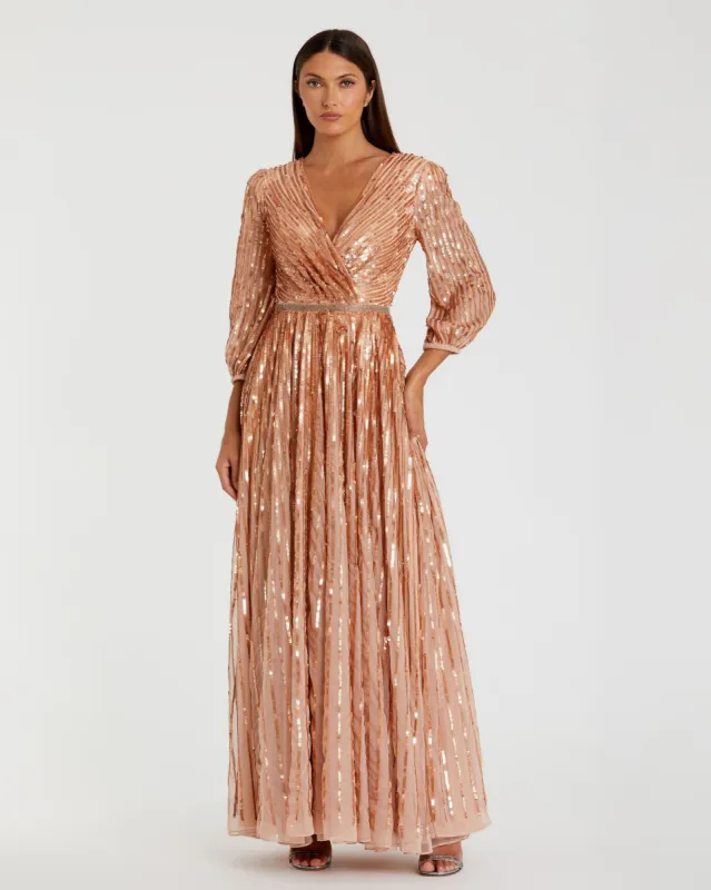 Pink Sequined Wrap Over 3/4 Sleeve Gown sold by Mac Duggal
