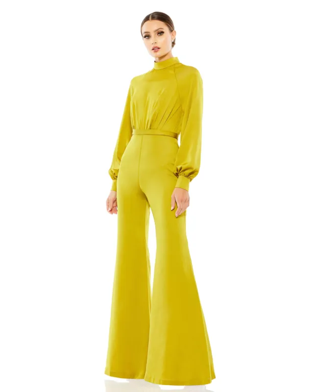 Green Satin Raglan Long Sleeve High Neck Jumpsuit sold by Mac Duggal