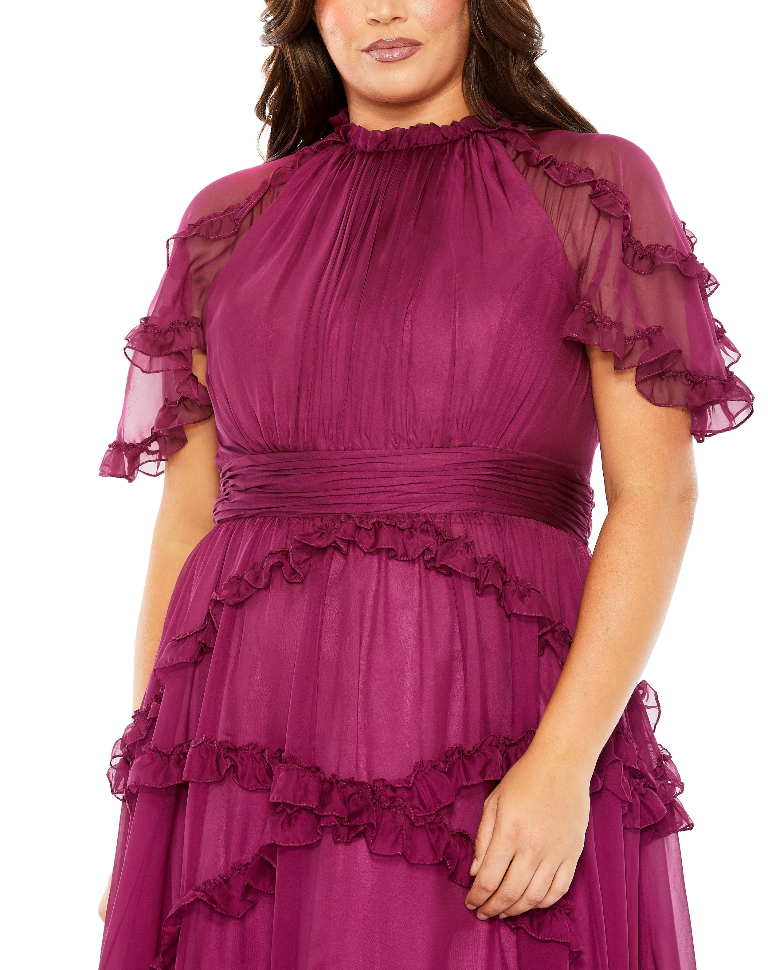 Purple High Neck Ruffle Tiered Flutter Sleeve Gown sold by Mac Duggal product image thumbnail 2