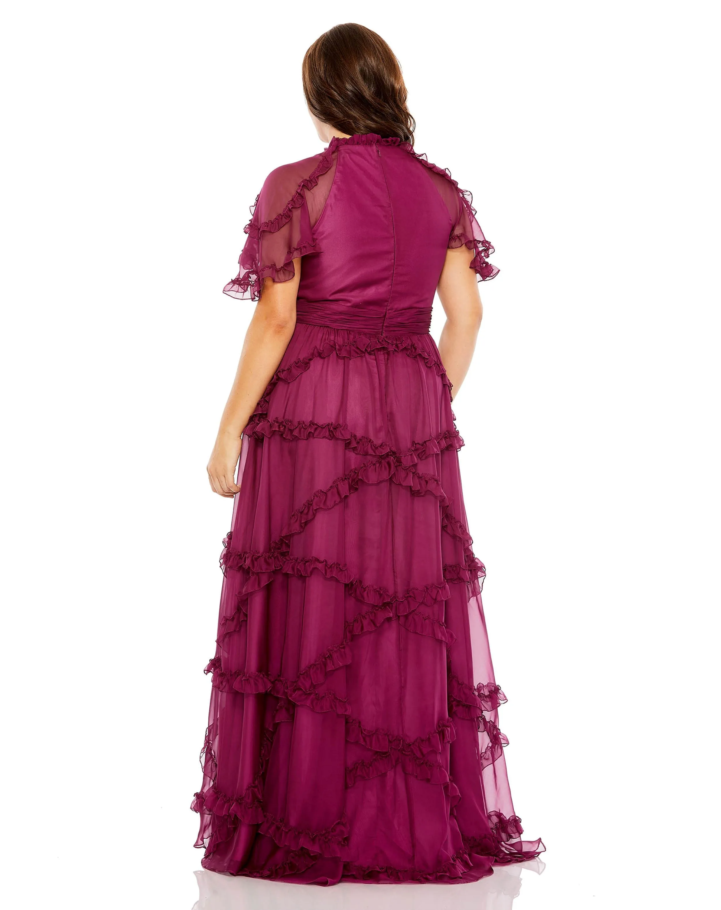 Purple High Neck Ruffle Tiered Flutter Sleeve Gown sold by Mac Duggal product image thumbnail 3