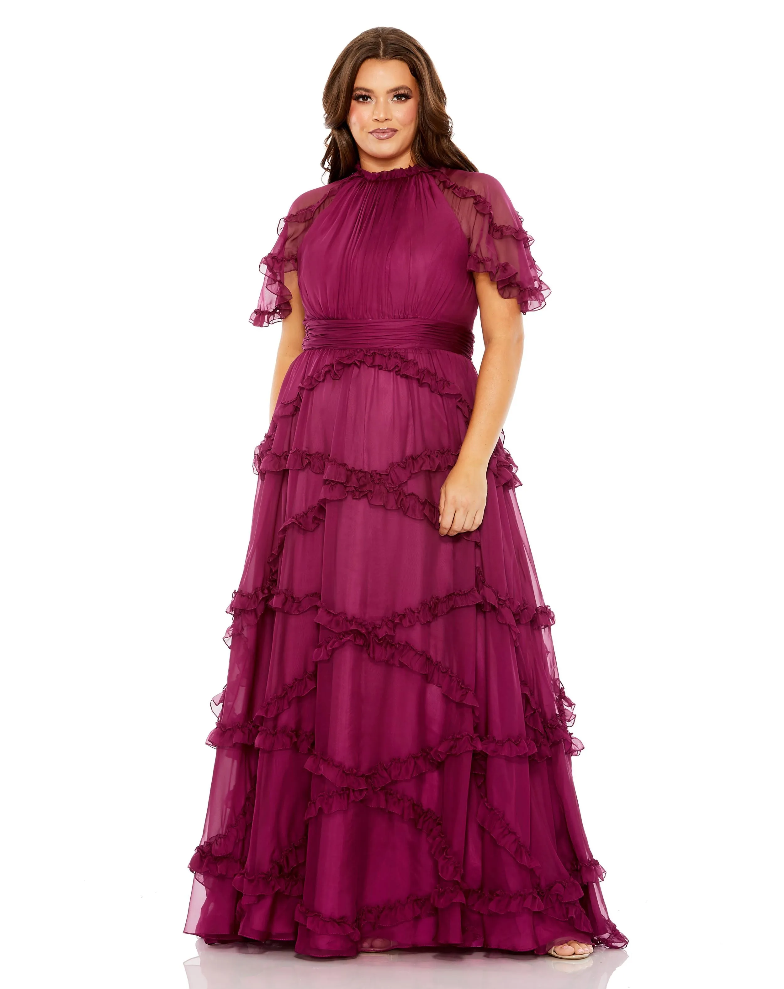 Purple High Neck Ruffle Tiered Flutter Sleeve Gown sold by Mac Duggal