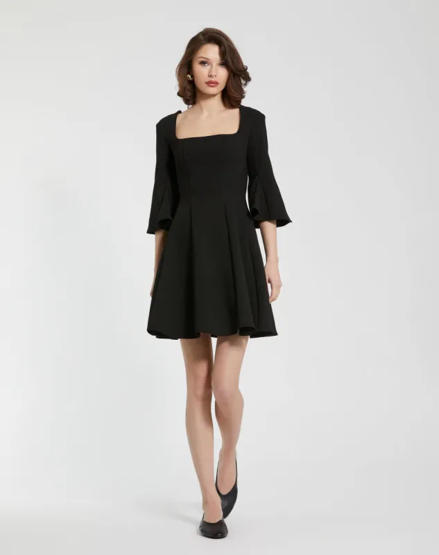Black Crepe Square Neck 3/4 Sleeve Godet Mini Dress sold by Mac Duggal
