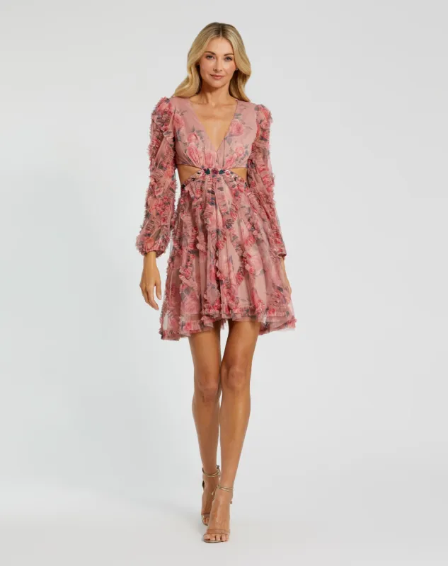 Long Sleeve V-neck Cut Out Mini Dress sold by Mac Duggal