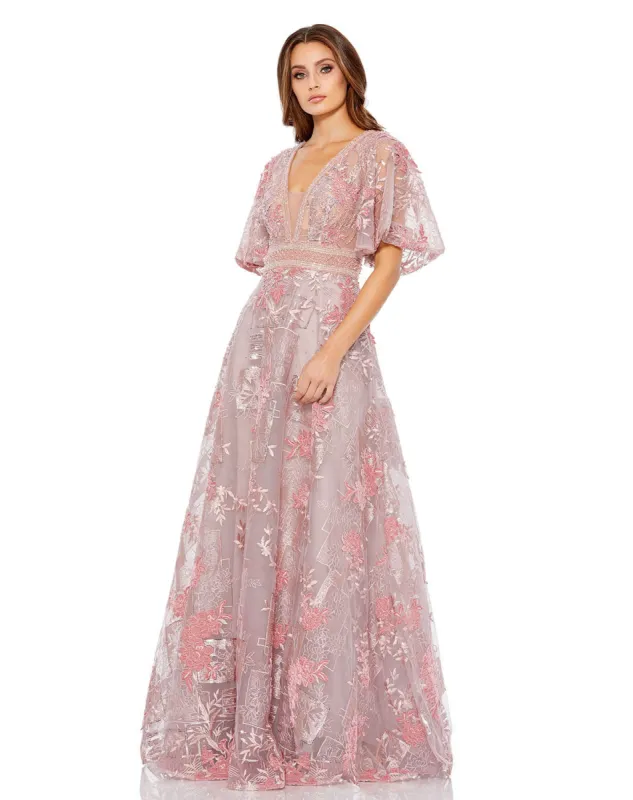 Pink Embroidered Flounce Sleeve A Line Gown sold by Mac Duggal