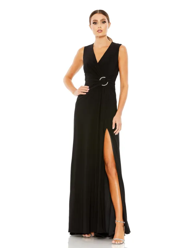 Black Draped Side Knot Jersey Gown w/ Rhinestone Ring sold by Mac Duggal