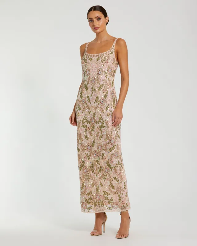 Pink Sleeveless Hand Beaded Floral Midi Dress sold by Mac Duggal