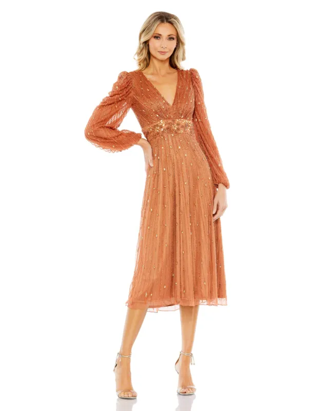 Orange Hand Embellished V Neck Puff Sleeve A Line Dress sold by Mac Duggal