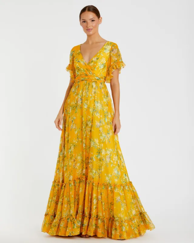Yellow Multicolor Flounce Sleeve Floral Maxi Dress sold by Mac Duggal