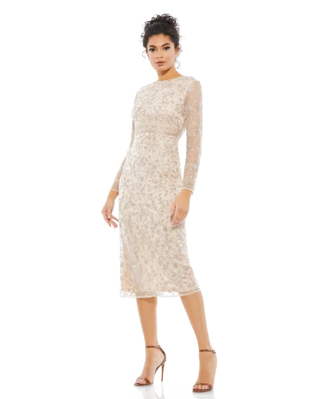 Beige Beaded Tea Length Dress w/ Sheer Sleeves sold by Mac Duggal