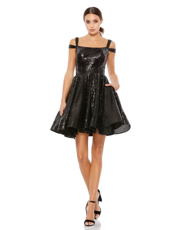 Black Sequined Cut Out Shoulder Skater Dress sold by Mac Duggal