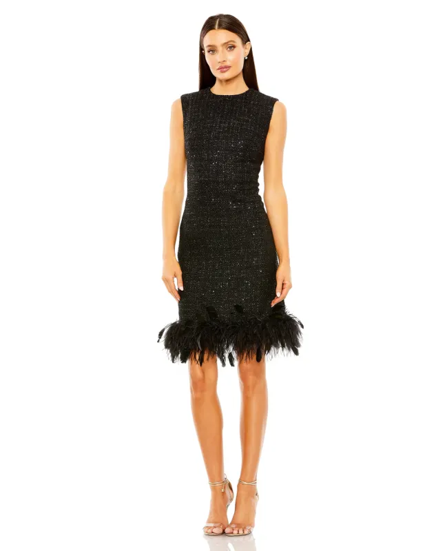 Black Shift Dress with Feather Trim sold by Mac Duggal