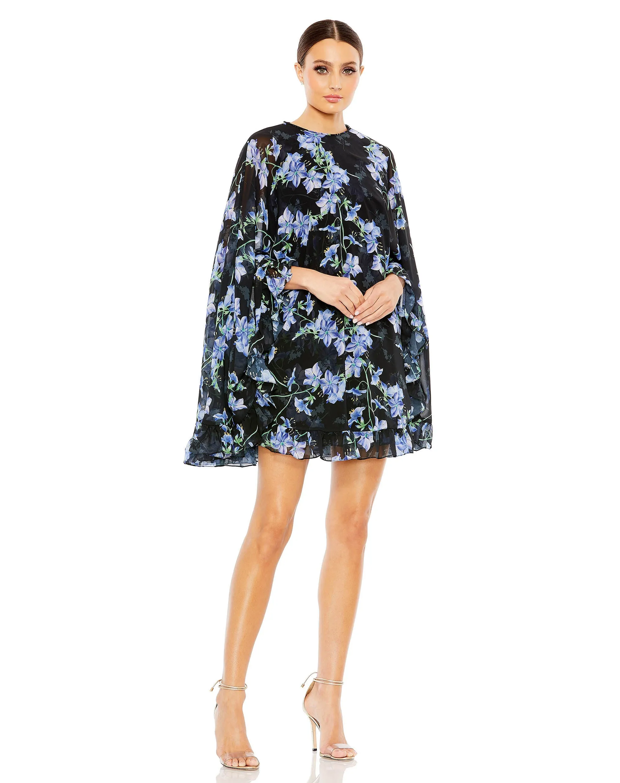 Black Floral Print High Neck Ruffle Hem Cape Mini Dress sold by Mac Duggal