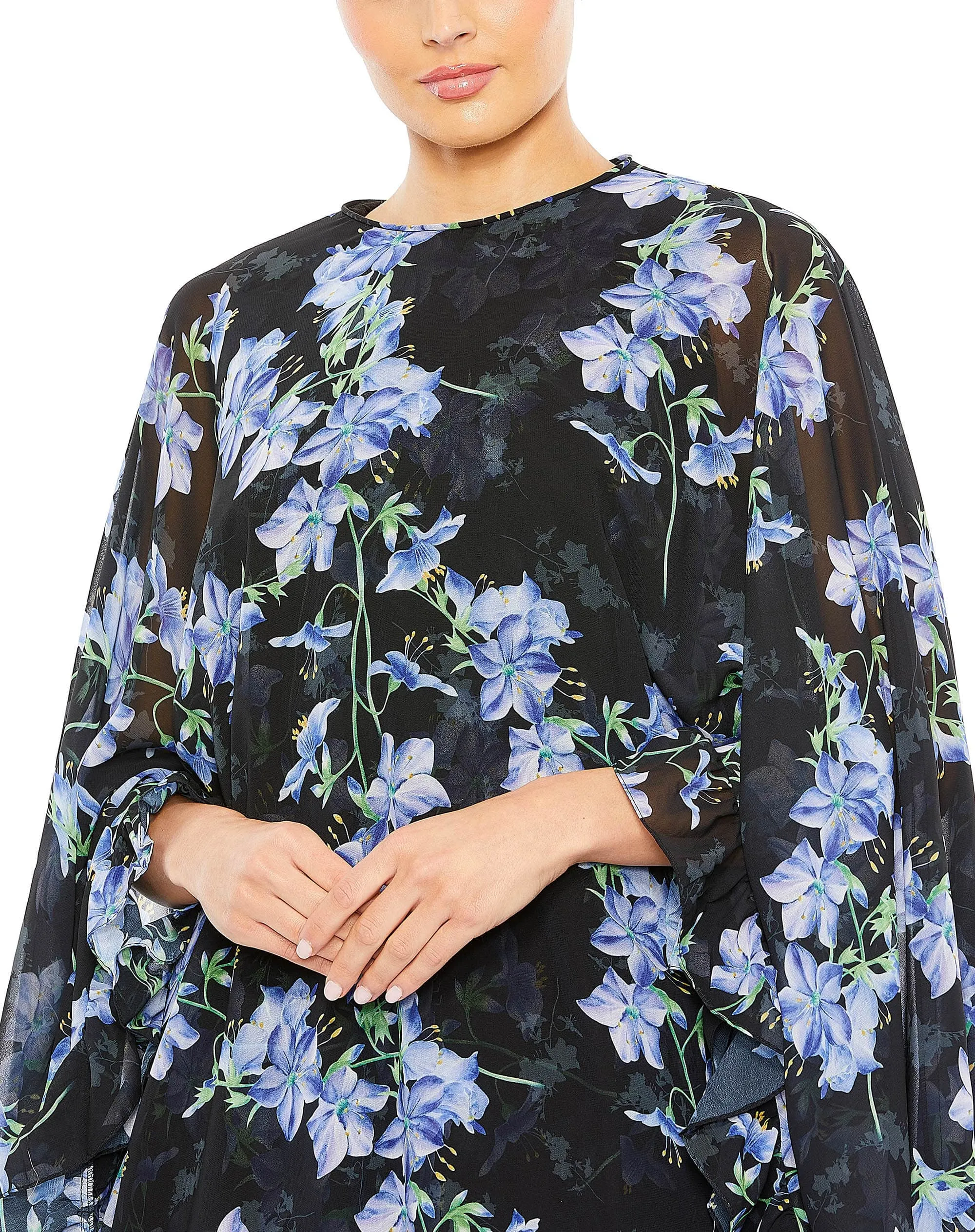 Black Floral Print High Neck Ruffle Hem Cape Mini Dress sold by Mac Duggal product image thumbnail 2