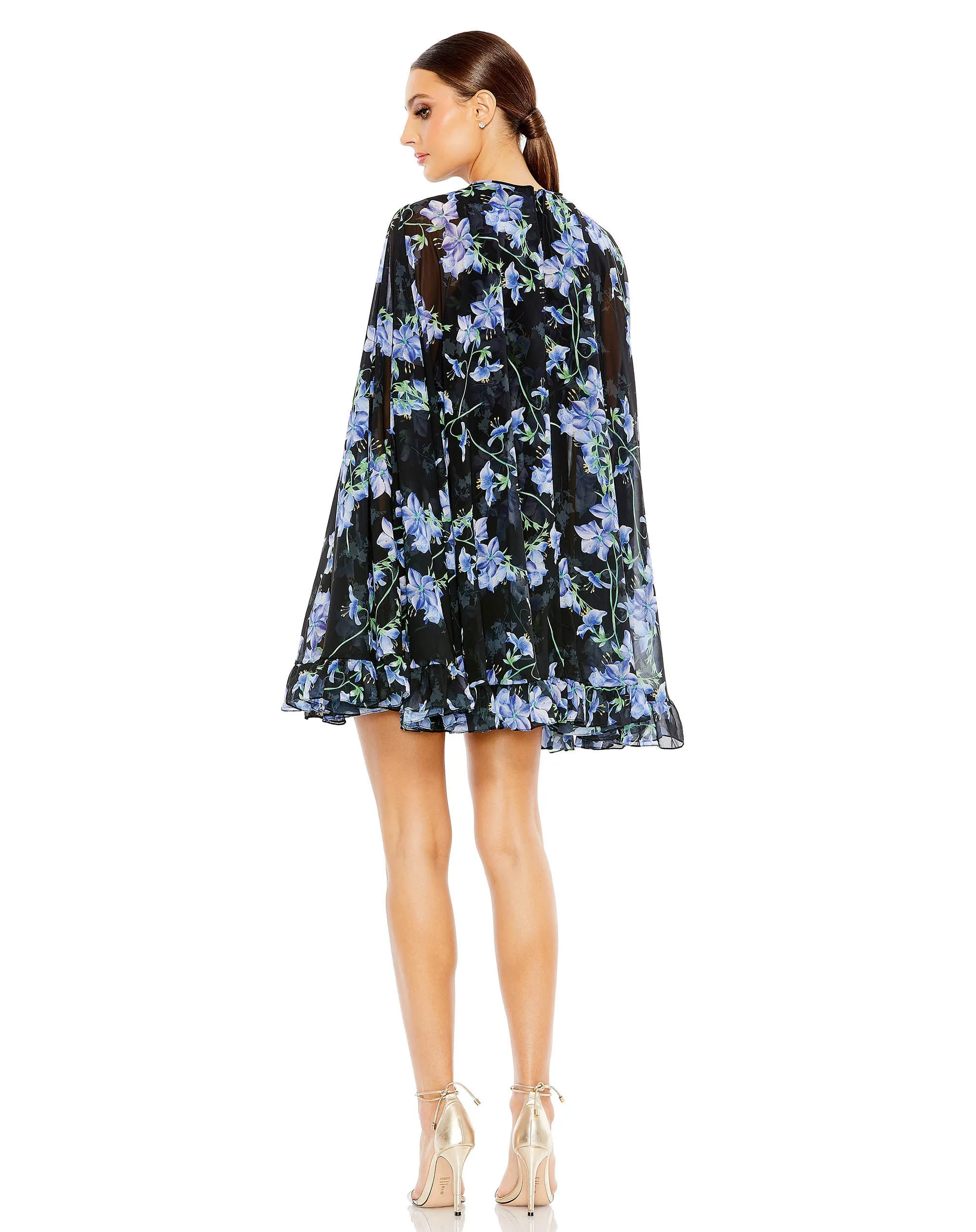 Black Floral Print High Neck Ruffle Hem Cape Mini Dress sold by Mac Duggal product image thumbnail 3