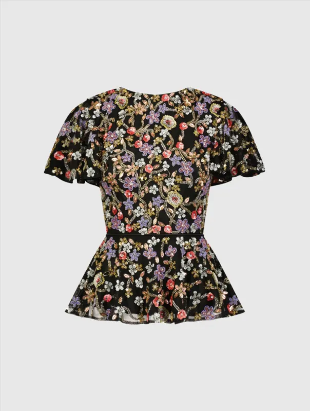 Black Floral Embellished Butterfly Sleeve Peplum Top - FINAL SALE sold by Mac Duggal