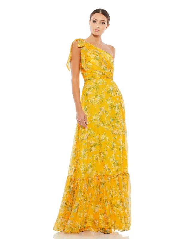 Yellow Floral One Shoulder Bow Maxi Dress sold by Mac Duggal