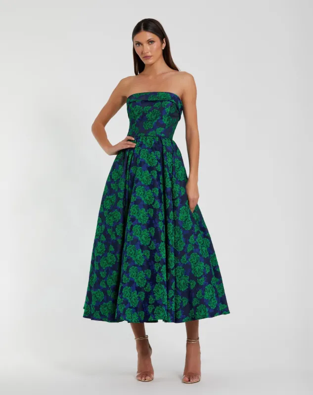 Blue and Green Brocade Strapless A Line Midi Dress sold by Mac Duggal