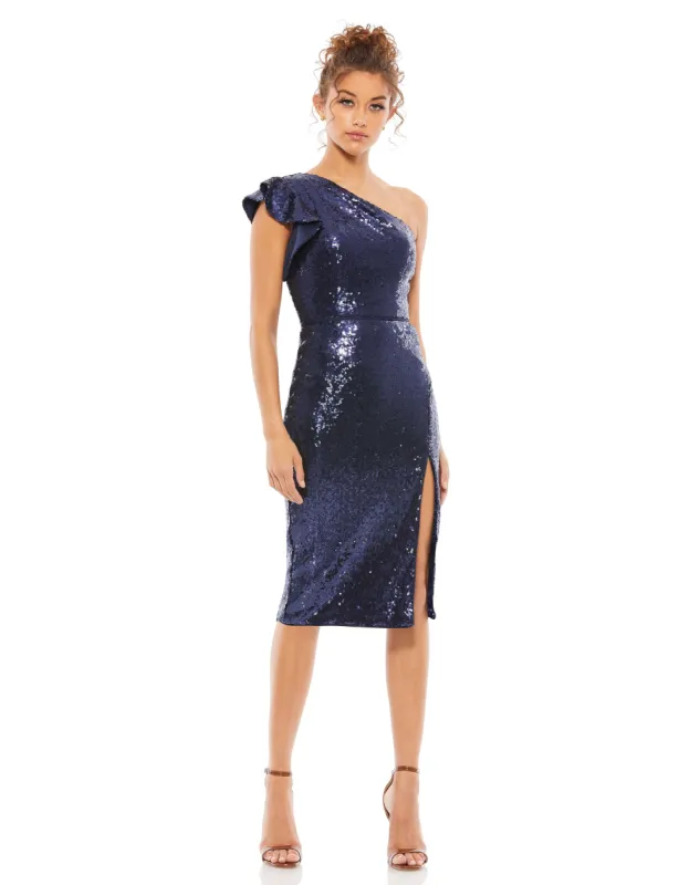 One Shoulder Ruffled Sequined Midi Dress sold by Mac Duggal