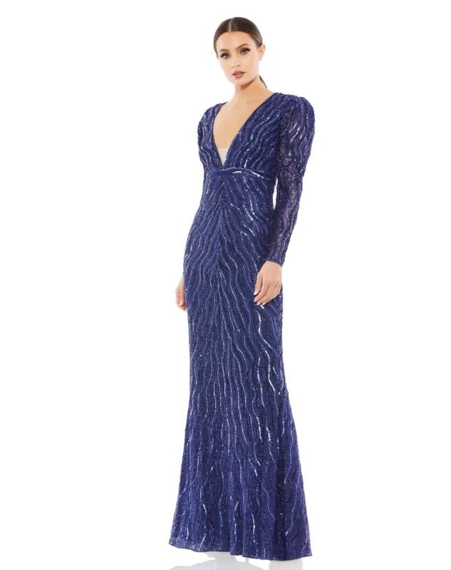 Pink Beaded Puff Sleeve Trumpet Evening Gown sold by Mac Duggal