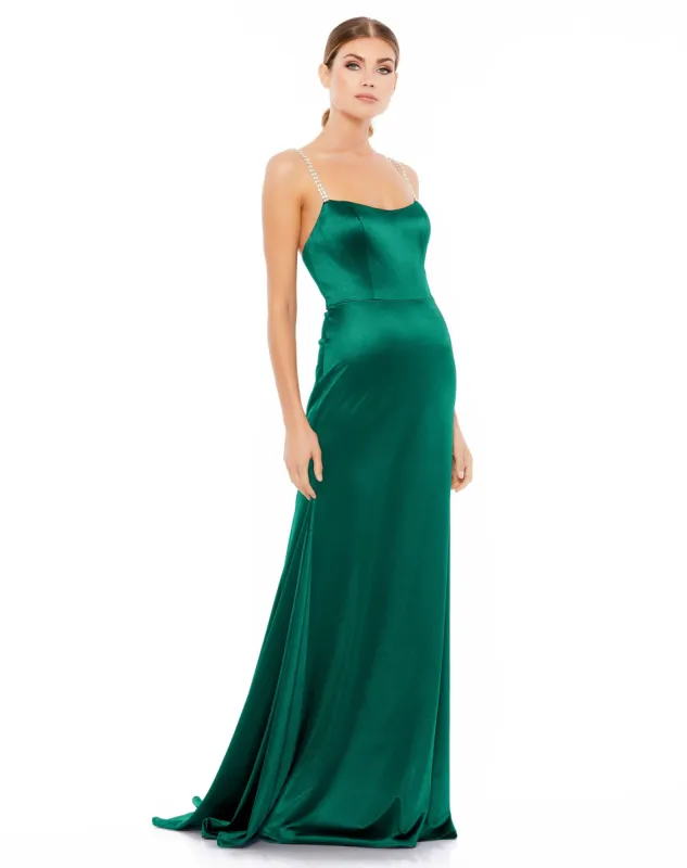 Green Charmeuse Rhinestone Strap Trumpet Gown sold by Mac Duggal
