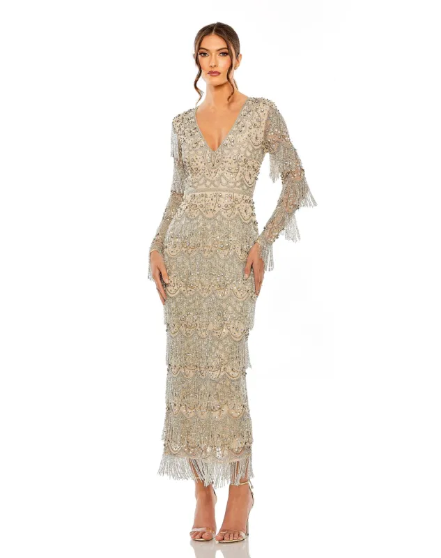 Beige V-Neck Beaded Fringe Embellished Sheath Dress sold by Mac Duggal