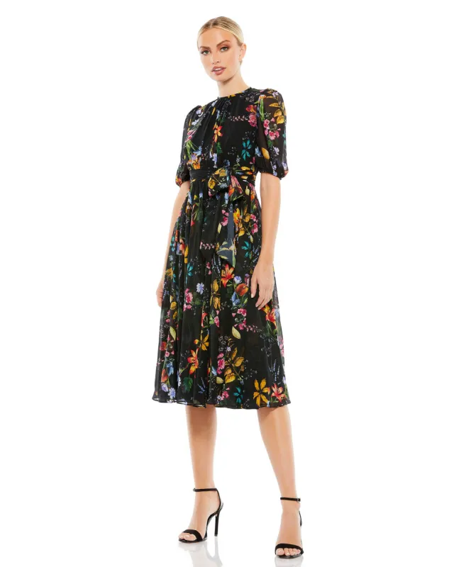 Black Floral Pattern High Neck Belted Midi Dress sold by Mac Duggal