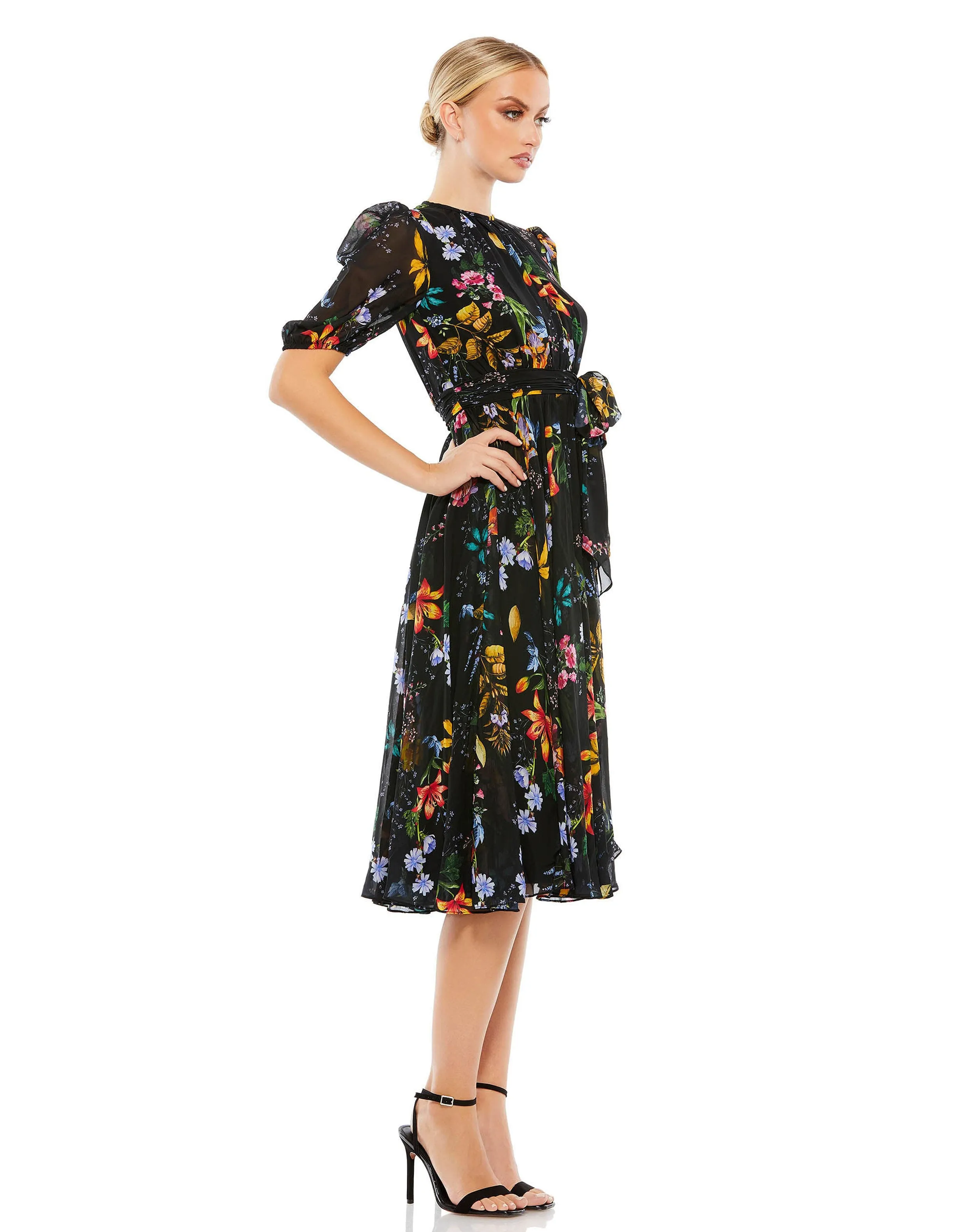 Black Floral Pattern High Neck Belted Midi Dress sold by Mac Duggal product image thumbnail 4
