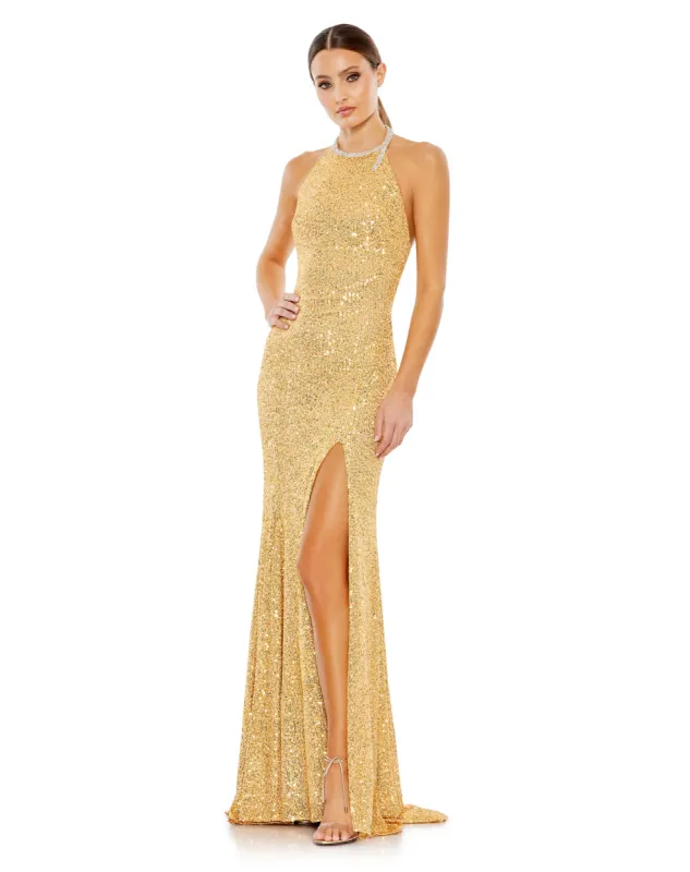 Sequined High Neck Rhinestone Trim Column Gown sold by Mac Duggal