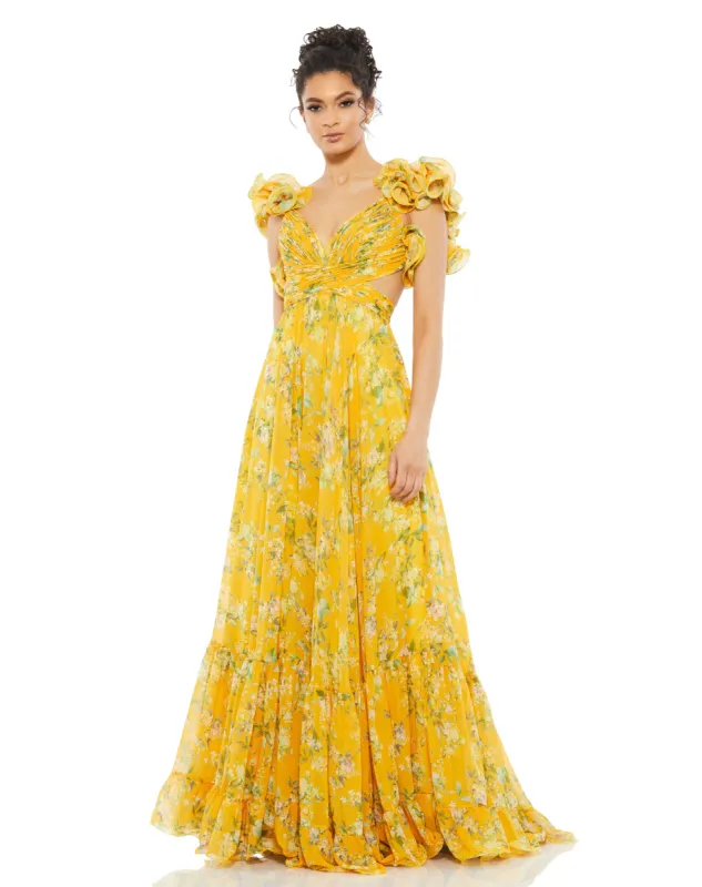 Yellow Ruffle Tiered Floral Cut-Out Chiffon Gown sold by Mac Duggal