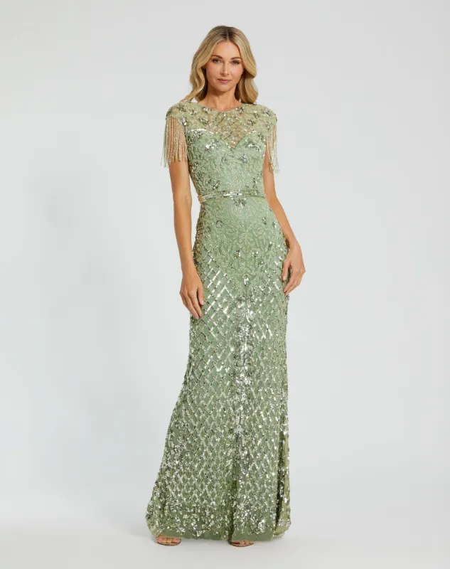 Green High Neck Sleeveless Beaded Fringe Fitted Gown sold by Mac Duggal