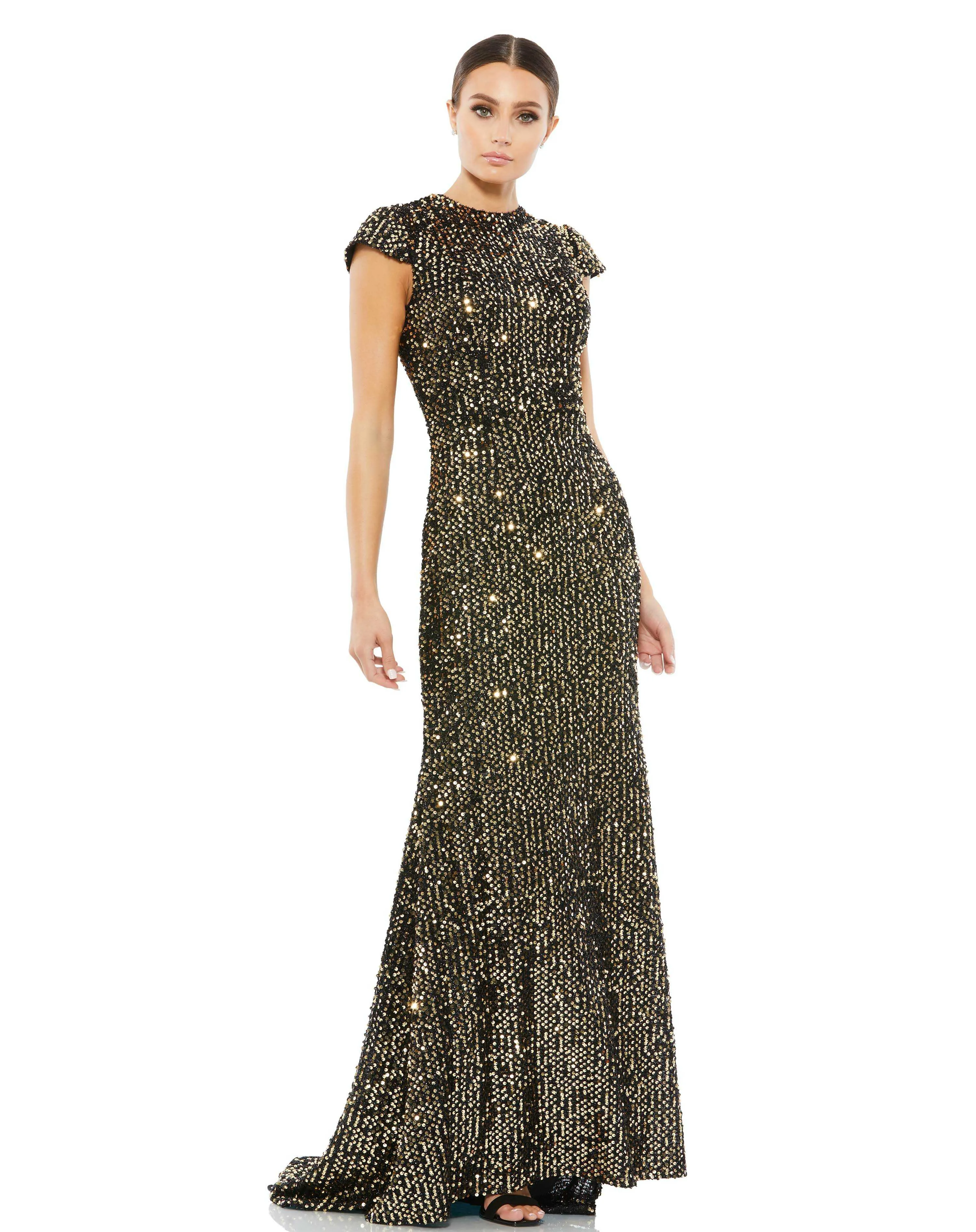 Black and Gold Cap Sleeve High Neck Sequin Gown sold by Mac Duggal