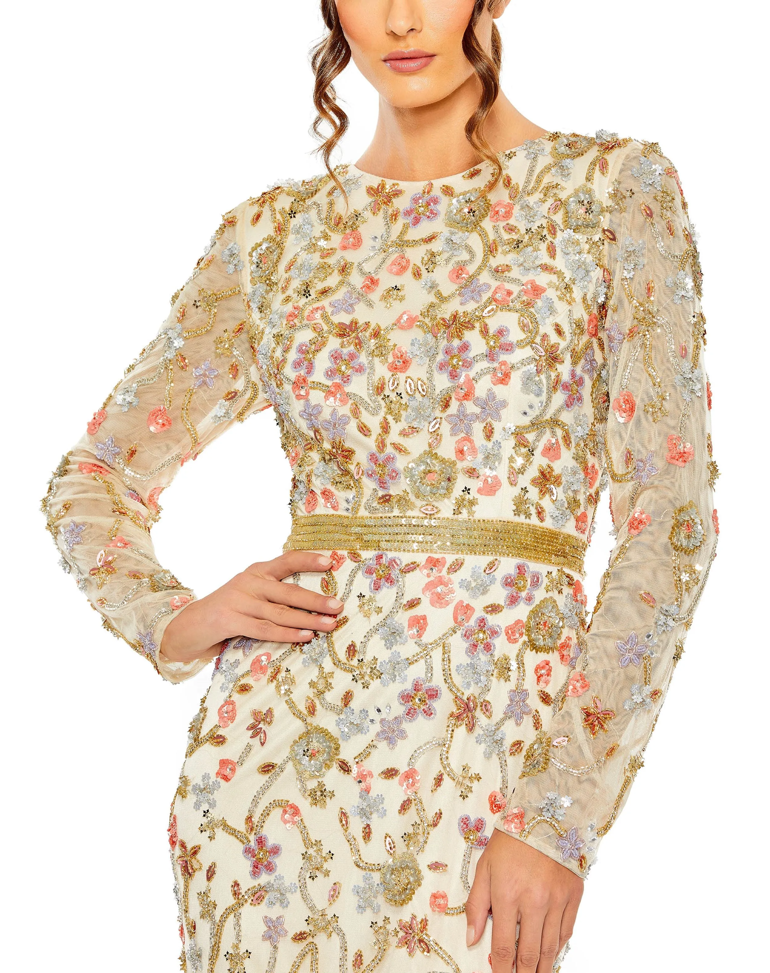 White Long Sleeve Floral Embellished Gown sold by Mac Duggal product image thumbnail 2