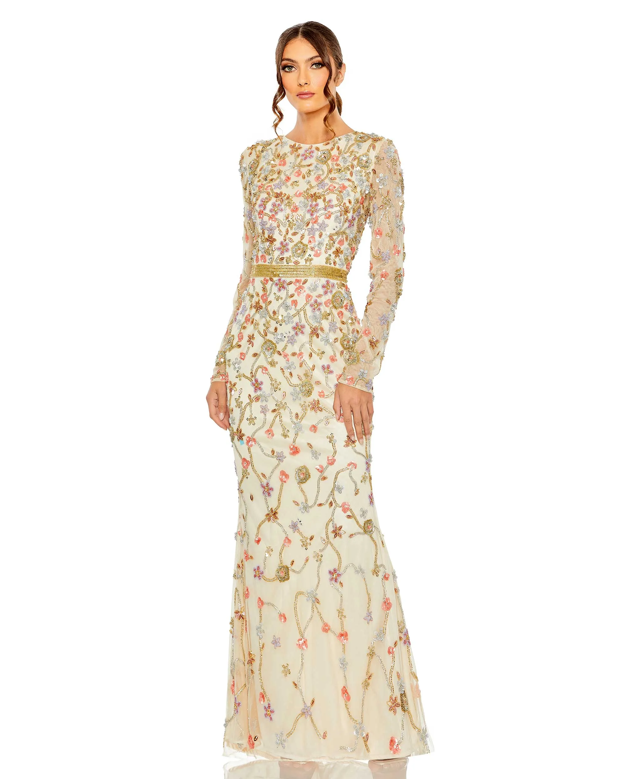 White Long Sleeve Floral Embellished Gown sold by Mac Duggal