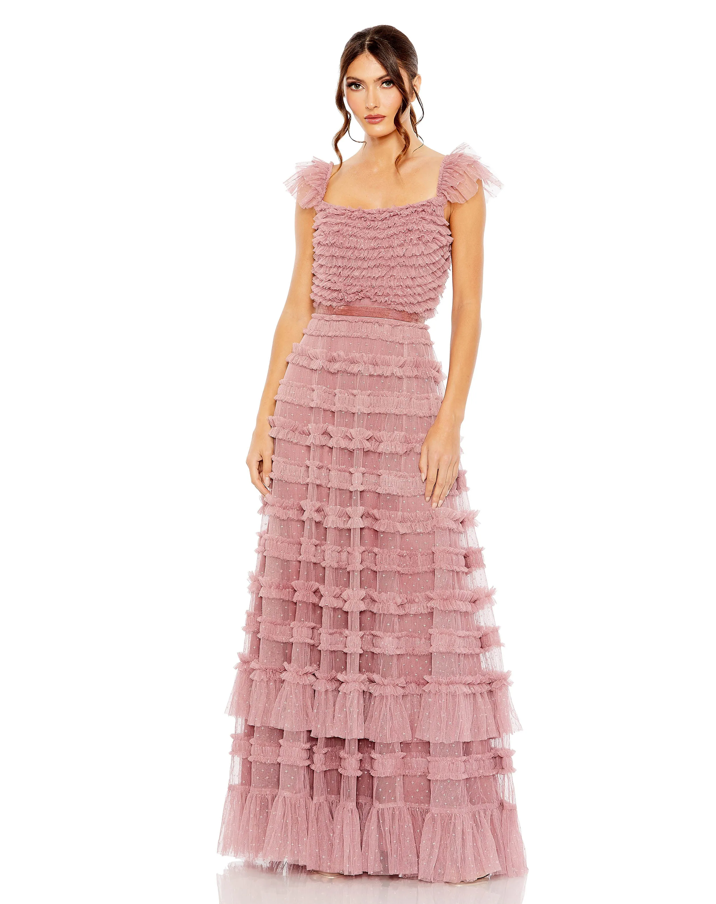 Pink Tiered Ruffle Cap Sleeve Gown sold by Mac Duggal