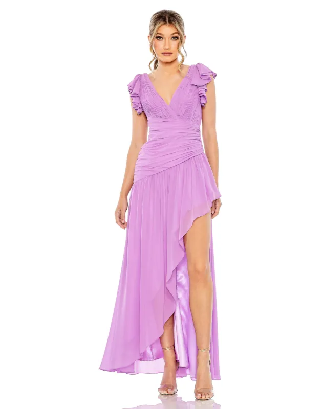Ruched Faux Wrap Flutter Sleeve Asymetrical Gown  | Sample | Sz. 2 sold by Mac Duggal