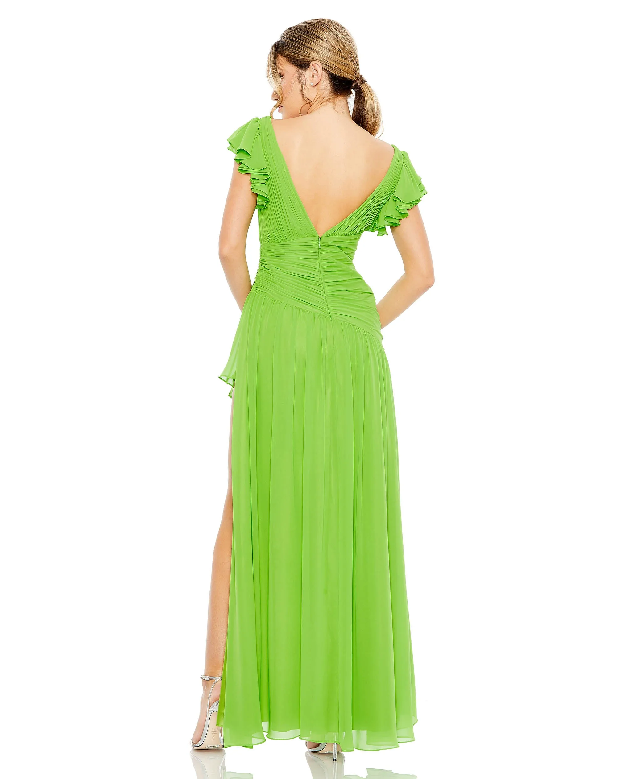 Ruched Faux Wrap Flutter Sleeve Asymetrical Gown | Sample | Sz. 2 sold by Mac Duggal product image thumbnail 4