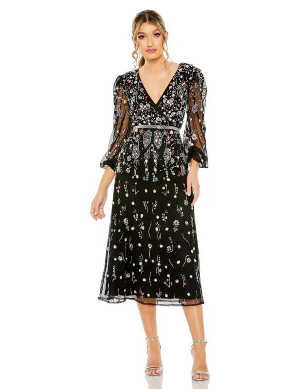 V Neck Mesh Puff Sleeve Embellished Column Dress | Sample | Sz. 2 sold by Mac Duggal