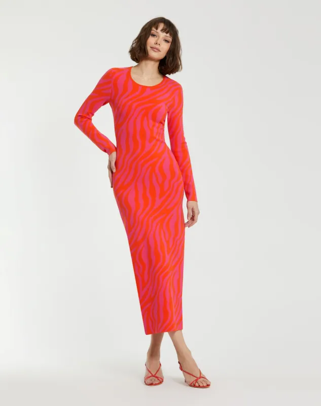 Pink and Orange Fitted Long Sleeve Zebra Print Knit Maxi Dress - FINAL SALE sold by Mac Duggal