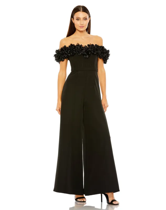Black Floral Bustier Top Flare Leg Jumpsuit - FINAL SALE sold by Mac Duggal