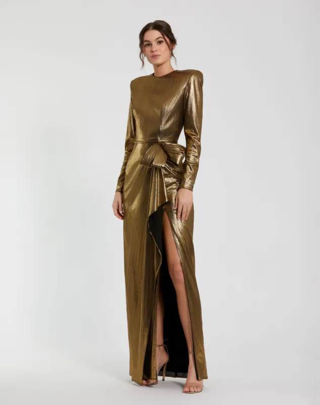 Gold Metallic Long Sleeve Gown With Bow sold by Mac Duggal