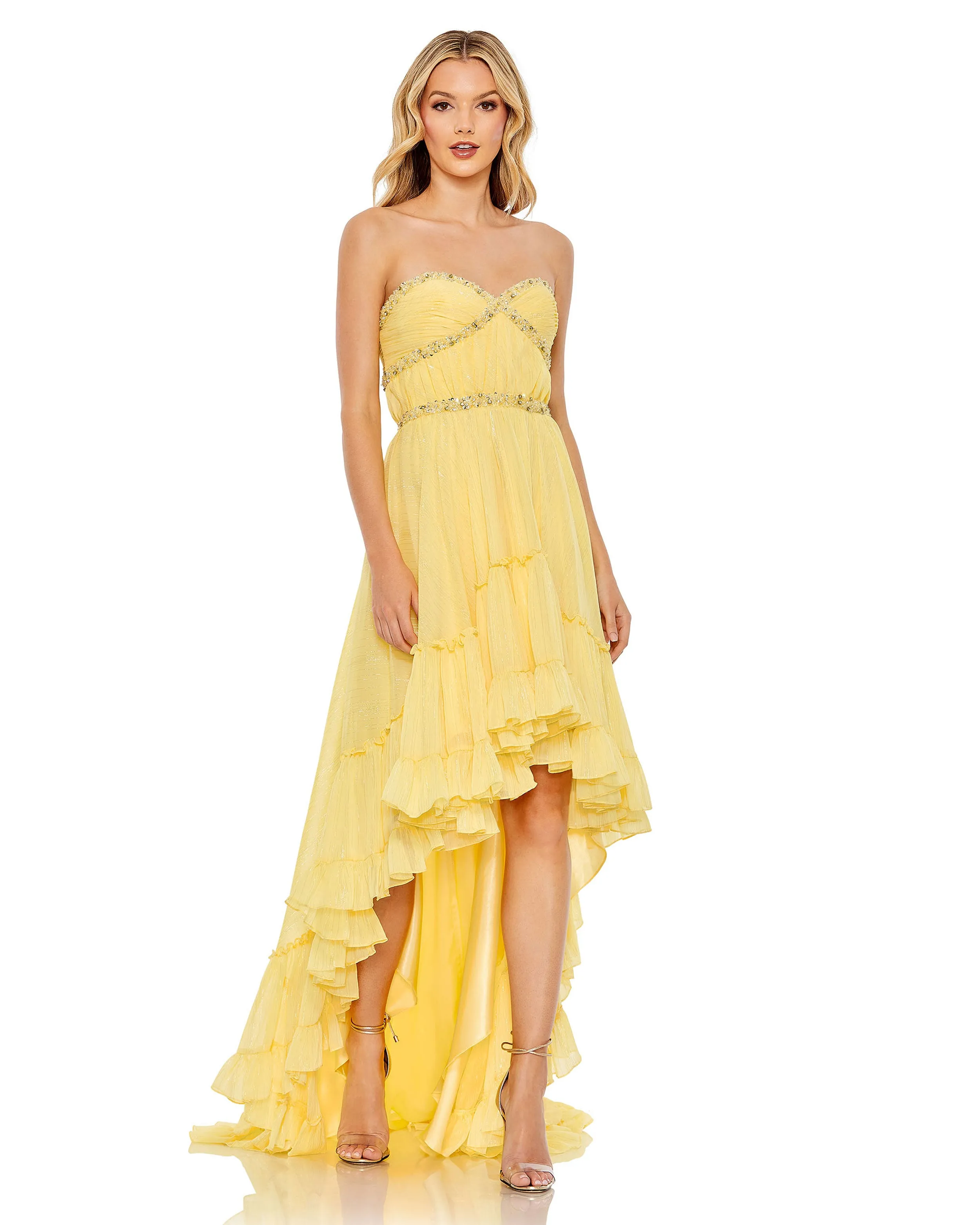 Yellow Beaded Ruffle High Low Gown sold by Mac Duggal