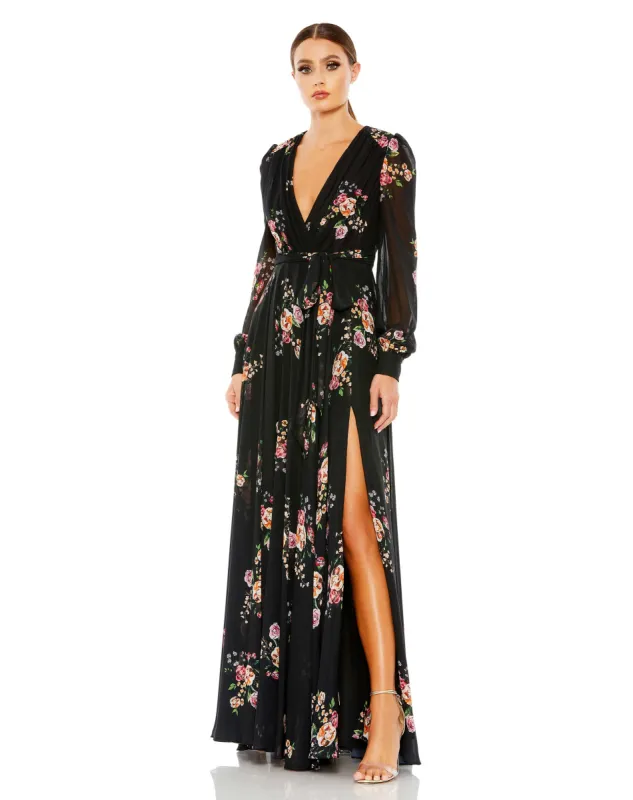 Black Belted Floral Print Illusion Long Sleeve Gown sold by Mac Duggal