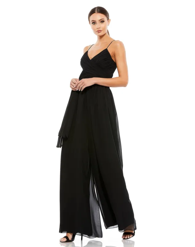 White Flowy Faux Wrap Jumpsuit sold by Mac Duggal