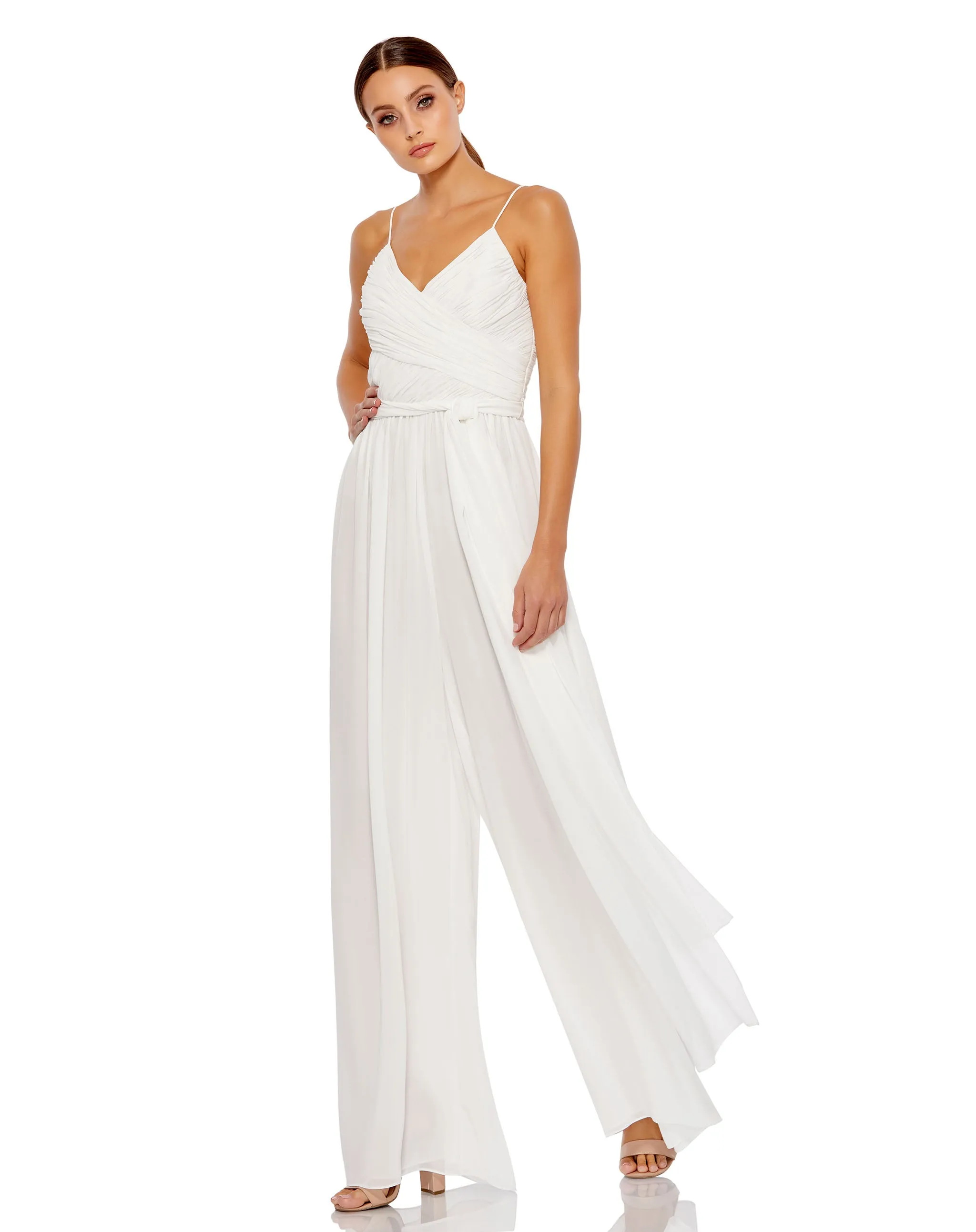 White Flowy Faux Wrap Jumpsuit sold by Mac Duggal product image thumbnail 4