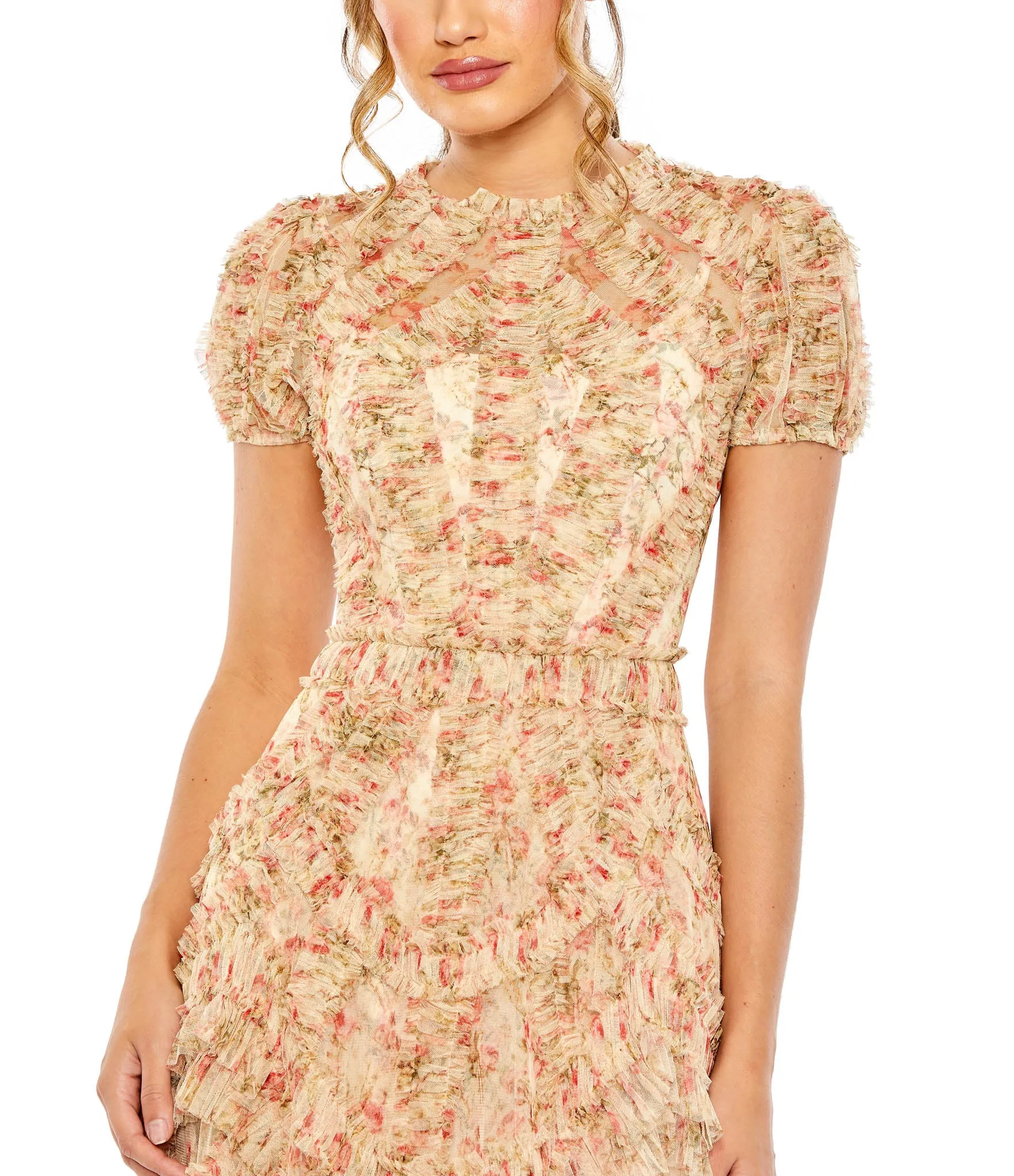 Beige High Neck Floral Mesh Ruffle Dress sold by Mac Duggal product image thumbnail 2
