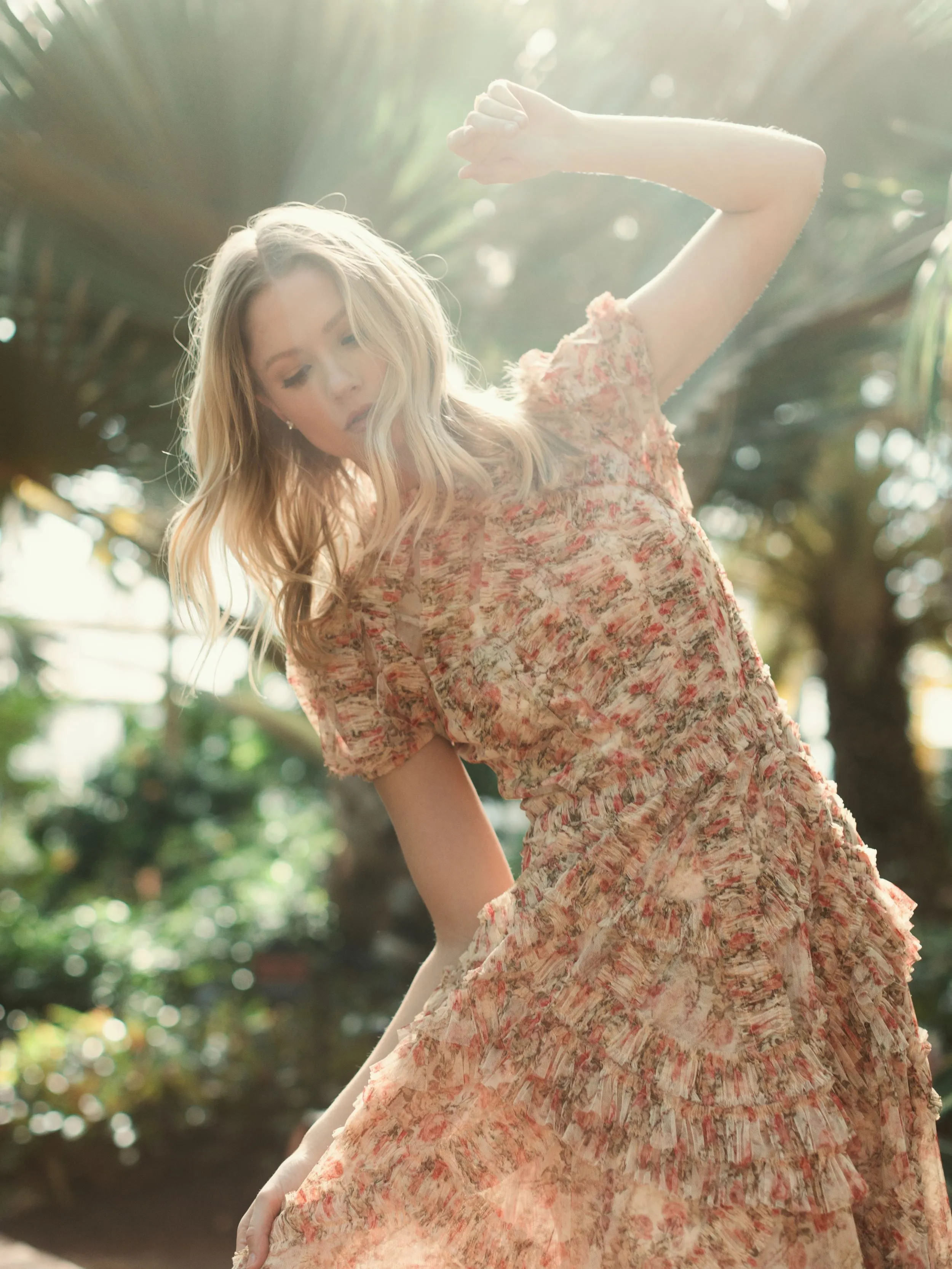 Beige High Neck Floral Mesh Ruffle Dress sold by Mac Duggal product image thumbnail 4
