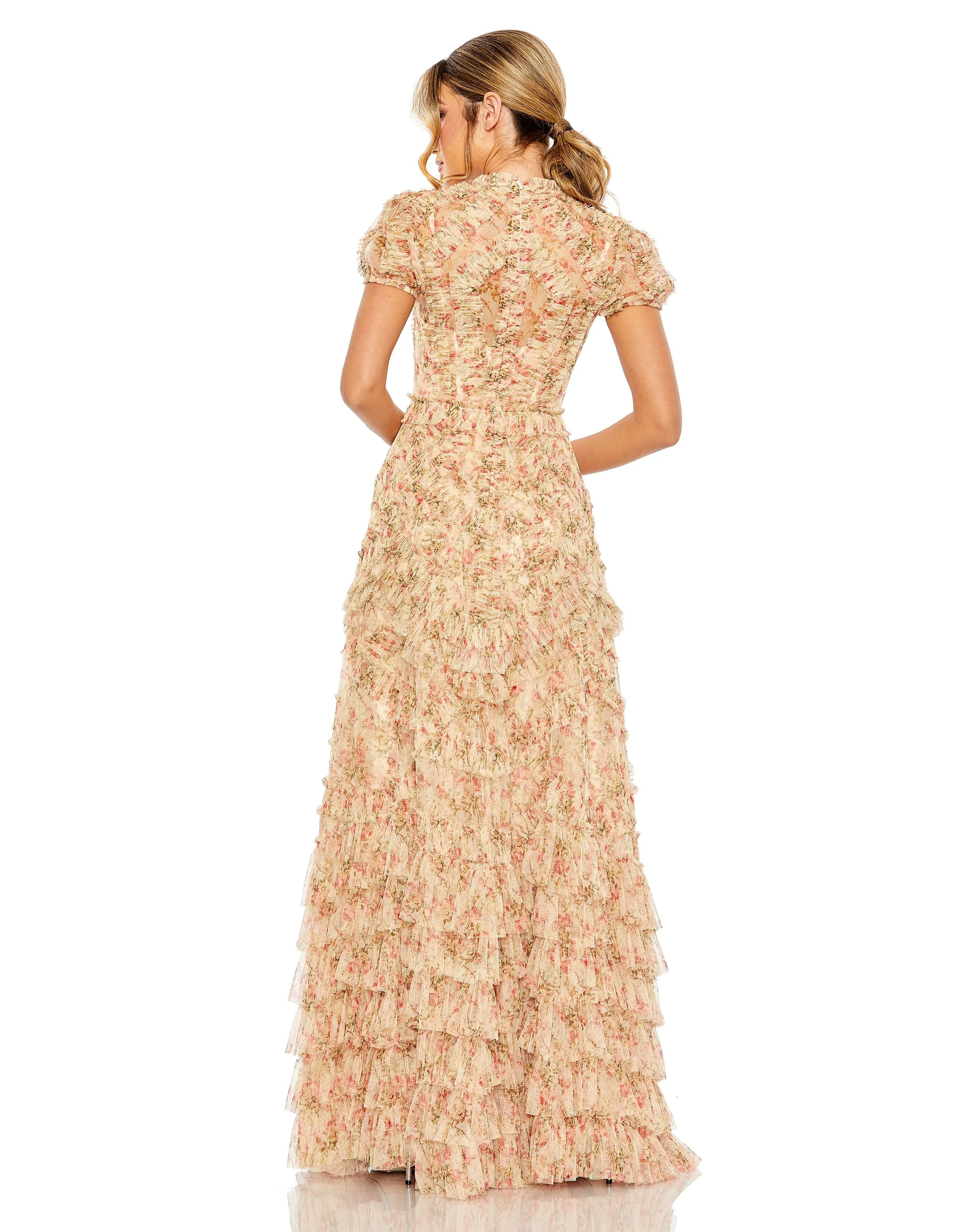 Beige High Neck Floral Mesh Ruffle Dress sold by Mac Duggal product image thumbnail 3