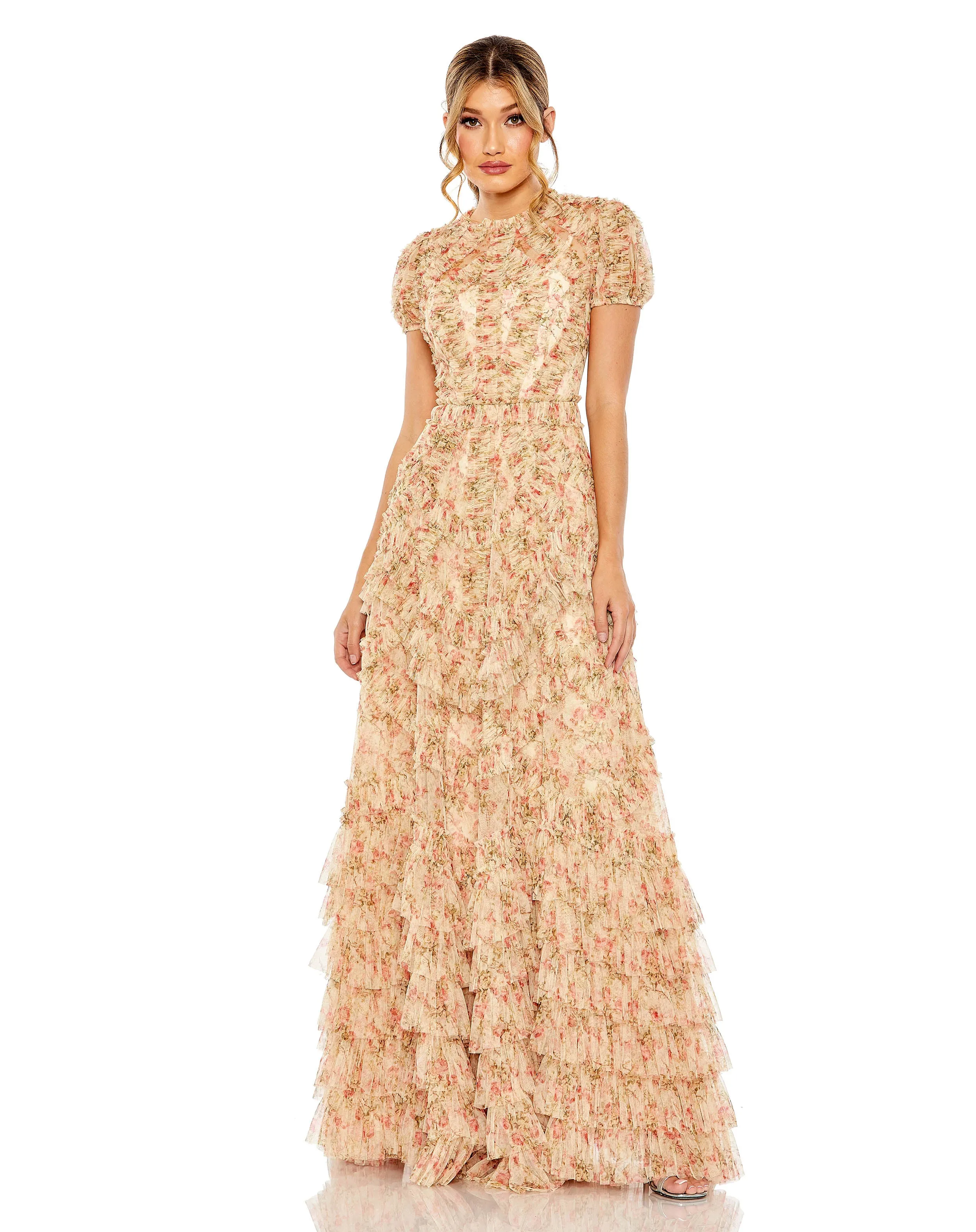 Beige High Neck Floral Mesh Ruffle Dress sold by Mac Duggal