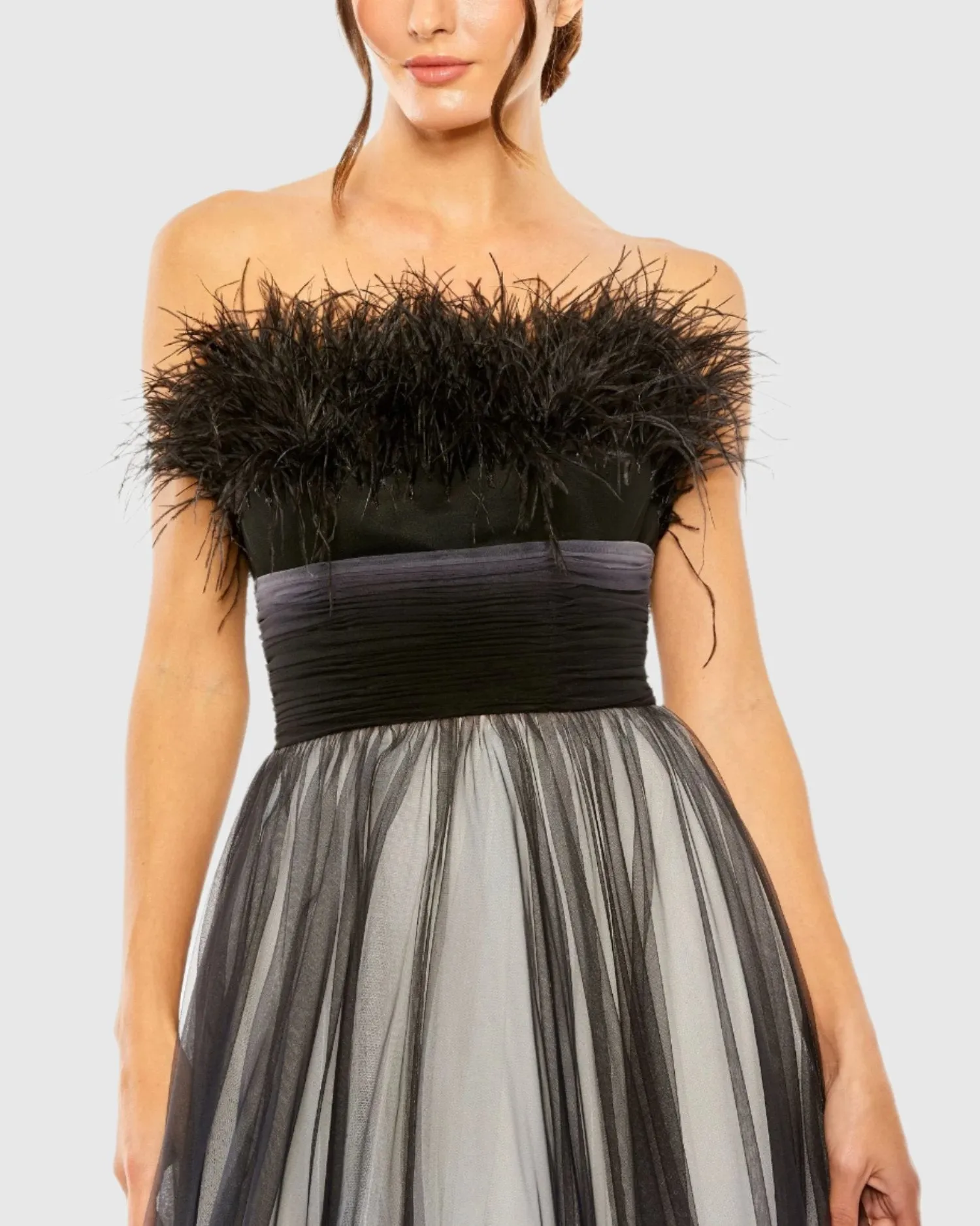 Black Ombre Strapless Feather Bodice Tulle Gown sold by Mac Duggal product image thumbnail 2