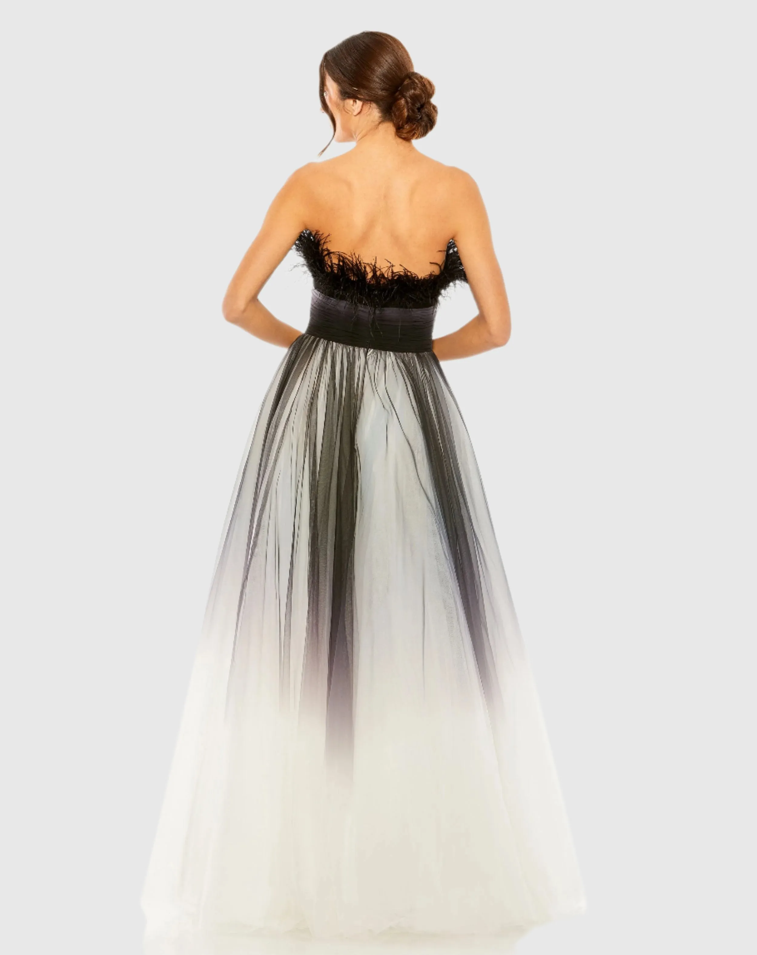 Black Ombre Strapless Feather Bodice Tulle Gown sold by Mac Duggal product image thumbnail 3